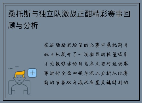 桑托斯与独立队激战正酣精彩赛事回顾与分析